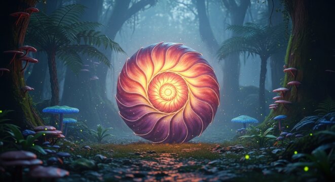 Mystical glowing spiral orb in an enchanted fantasy forest setting vibrant light and surreal atmosphere - Powered by Adobe