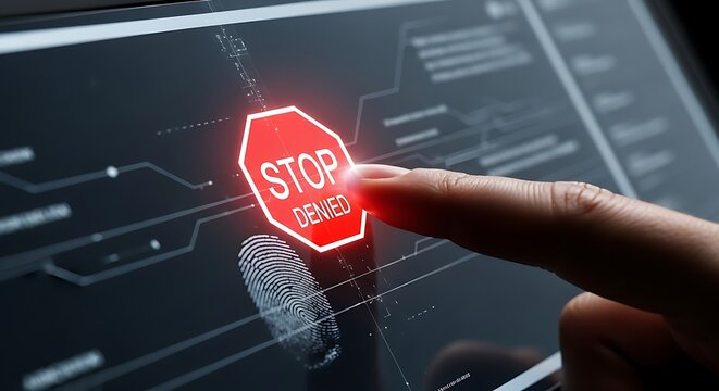Finger Touching a "Stop Denied" Sign on a Digital Security Interface