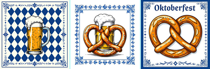 Oktoberfest paper napkin design, beer, pretzel, Bavarian diamonds, illustration, set