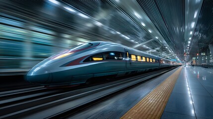 Fototapeta premium High-speed train moves in station with motion blur. Future travel & infrastructure