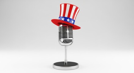 Patriotic microphone wearing an Uncle Sam hat for Fourth of July isolated PNG with Transparent Background