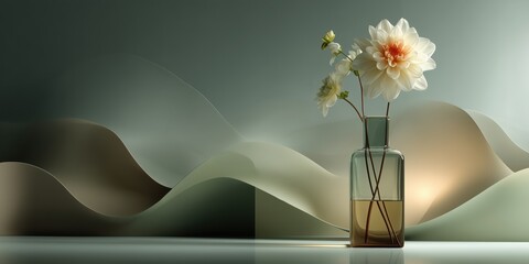 Single white flower in glass vase on curved pastel surface, delicate modern still life art

