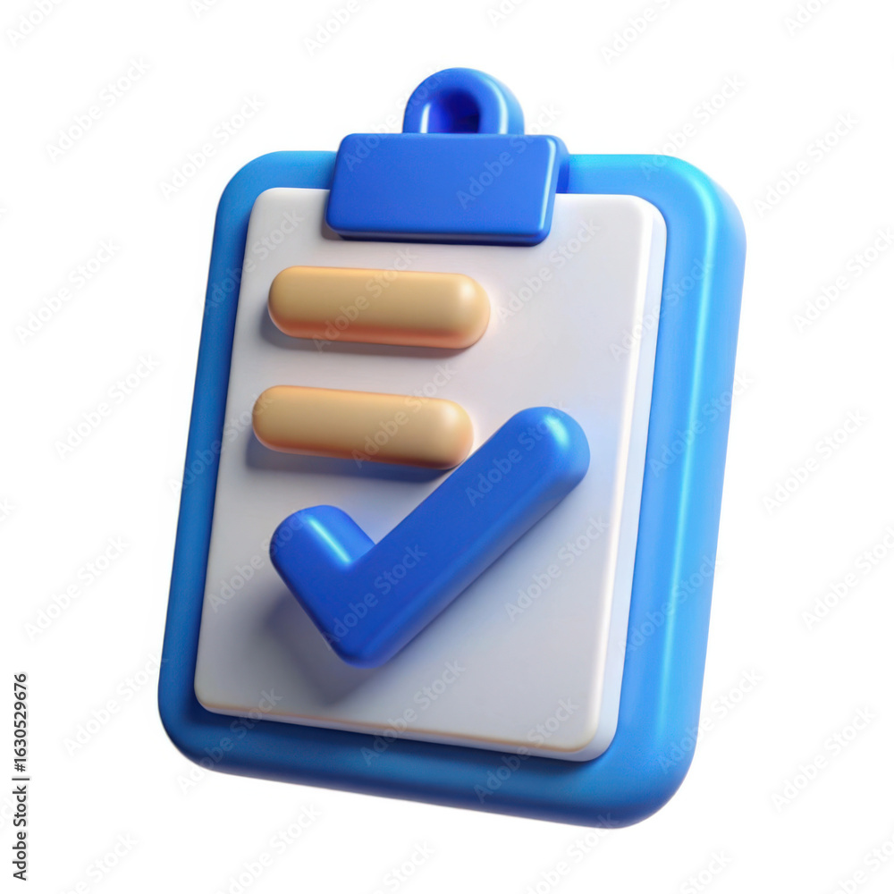 Poster 3d checklist icon with blue border and checkmark isolated on transparent background
