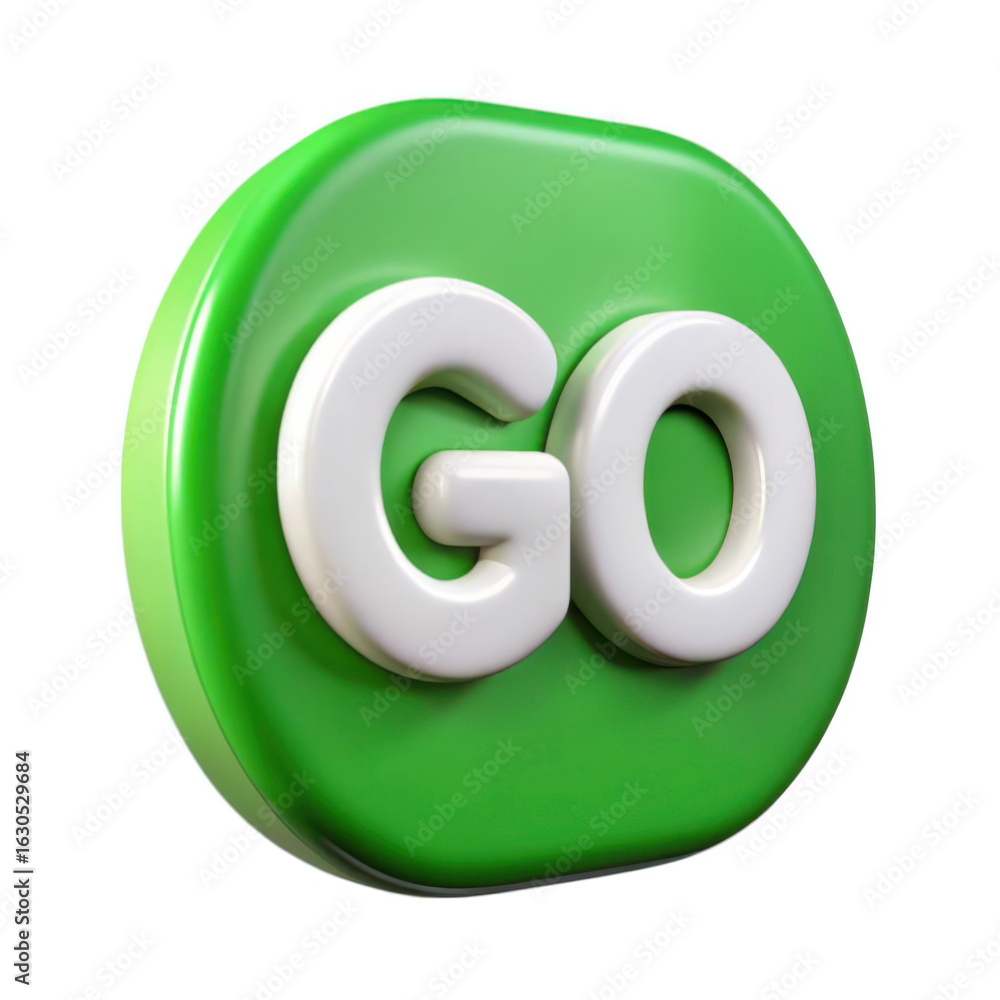 Aufkleber 3d green go button with white text isolated on transparent background