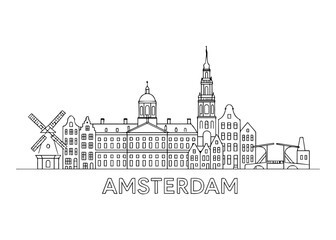 Fototapeta premium Amsterdam city skyline vector on white background Vector line city skyline