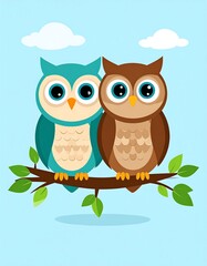 Fototapeta premium Cute owls on branch, light background