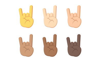Illustration of six hands with different skin tones making rock and roll hand gesture on a white background