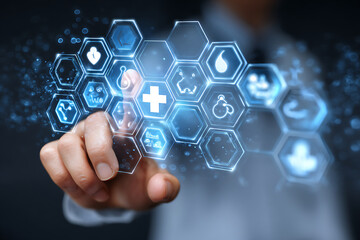 Navigating Digital Health: Hand Selecting Medical Icons on a Glowing Hexagonal Interface