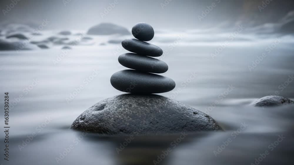 Poster balanced stone stack on waters edge creating a calm and peaceful scene showing harmony and meditatio
