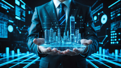 Holding a digital city in his hand, a modern businessman showcases urban innovation. The holographic model glows with blue light amid a high-tech background of grids and floating data streams.