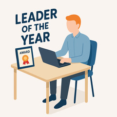 Modern Flat Illustration Businessman with Award Working on Laptop at Desk