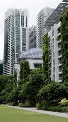 Tall residential building in boasts vertical gardens and parkland, enhancing urban sustainability and outdoor play for kids