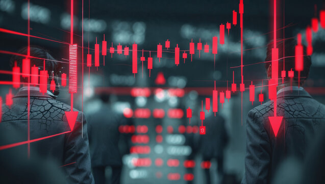 A dynamic stock market scene with red candlestick charts hovering mid-air, reflecting a volatile trading session. Business professionals in suits analyze digital data in the background.
