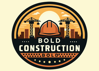 Bold Construction Logo Design – Retro Industrial Badge with Helmet, Cranes, and City Skyline, Ideal for Builder, Real Estate, Contractor, Engineering, Renovation, and Urban Development Branding