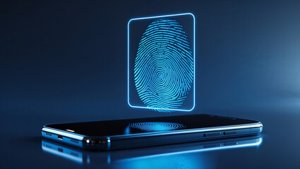 A neon-blue fingerprint scan is holographically projected from a smartphone screen on a glossy surface. The print is highly detailed, glowing, and surrounded by a dark tech gradient backdrop.