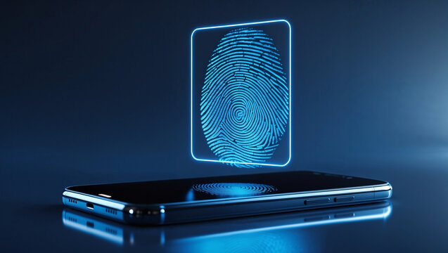 A neon-blue fingerprint scan is holographically projected from a smartphone screen on a glossy surface. The print is highly detailed, glowing, and surrounded by a dark tech gradient backdrop.