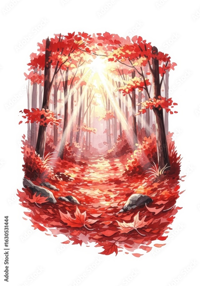 Poster autumn path in red forest - sunbeams illuminate a path through a forest of red autumn leaves. peacef
