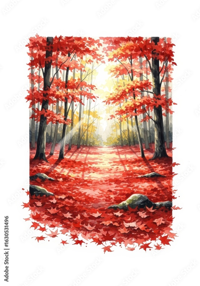 Aufkleber autumn path through red maple forest - sunlit path through a forest with vibrant red maple leaves, c