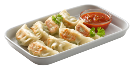 Nepalese Traditional Dish Momo. Authentic Cuisine in Nepal momo over a rustic wooden background.
Steam-cooked momos with sauce.