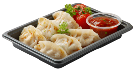 Nepalese Traditional Dish Momo. Authentic Cuisine in Nepal momo over a rustic wooden background.
Steam-cooked momos with sauce.
