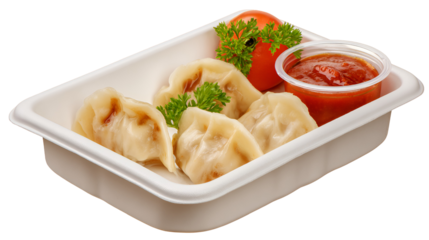 Nepalese Traditional Dish Momo. Authentic Cuisine in Nepal momo over a rustic wooden background.
Steam-cooked momos with sauce.
