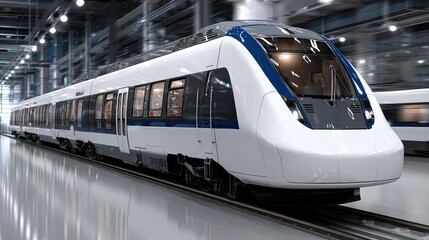 A high-speed train zoos by, featuring a sleek white and blue design with vibrant lights illuminating the busy urban area at night