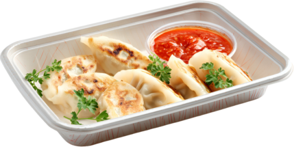 Nepalese Traditional Dish Momo. Authentic Cuisine in Nepal momo over a rustic wooden background.
Steam-cooked momos with sauce.