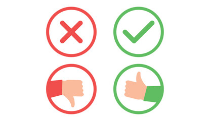 Approval and Rejection Icons – Thumbs Up Down, Check Mark, Cross Symbol in Red and Green Circles