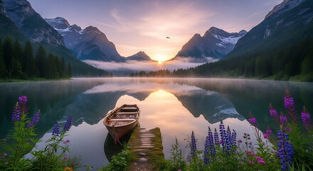A serene mountain lake at sunrise, with a small wooden boat moored to a mossy dock, framed by towering snow-capped peaks and vibrant purple wildflowers in the foreground.