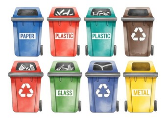 Colorful Recycling Bins for Waste Management - Eight vibrant bins symbolize waste sorting, recycling, environmental responsibility, resource conservation, and community sustainability