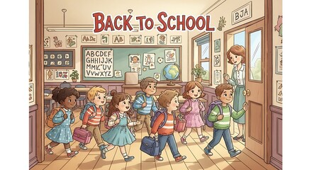Illustration of students entering classroom with teacher for back to school scene cartoon style