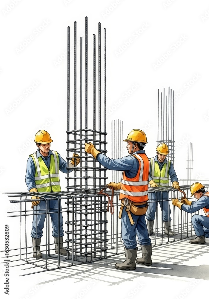 Aufkleber construction workers building reinforced concrete column - construction workers assembling rebar for
