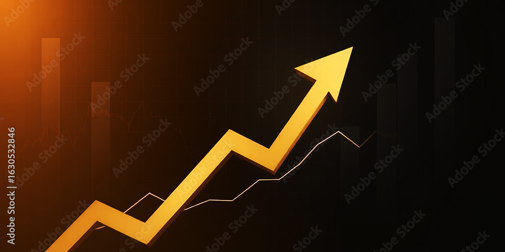 Poster a golden arrow pointing upward on a dark background with a white line graph and bars behind