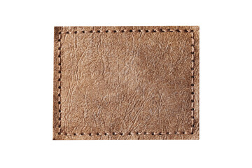 Brown leather patch closeup. Rectangular stitched label isolated on white background. Natural...