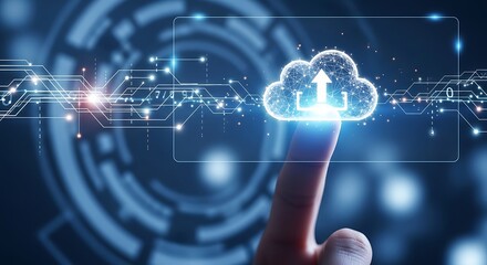 Finger Touching a Glowing Cloud Computing Icon on a Digital Circuit Board