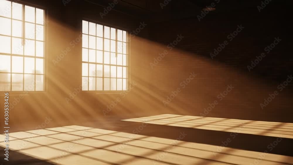 Aufkleber sunlight streams through windows creating geometric shadows in a dark industrial room with an urban 