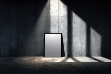 Empty black framed picture on a concrete wall, lit by a spotlight