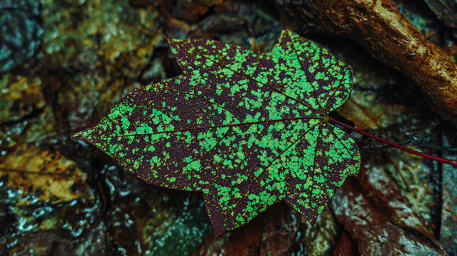 A spotted green leaf on wet ground with a twig in the background