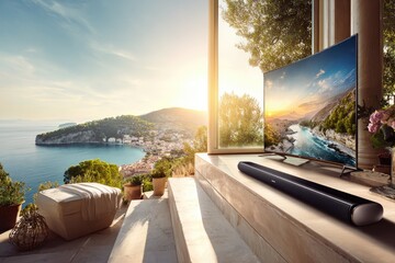 Outdoor patio with TV and sound bar, scenic view