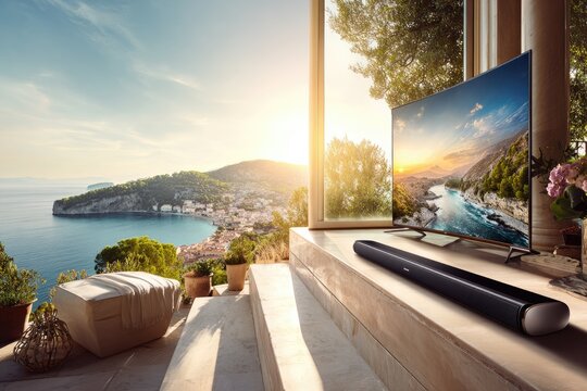 Outdoor patio with TV and sound bar, scenic view