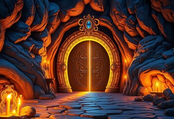 Twilight illuminates a colossal, bejeweled golden door sealing a mysterious cave's entrance,  twilight,  mystery