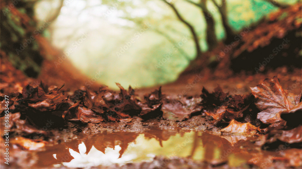 Poster autumn leaves reflected in a puddle on a forest path in soft focus