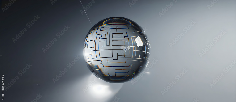 Poster navigating complexity a clear ball reflects the image of a maze it symbolizes problem solving