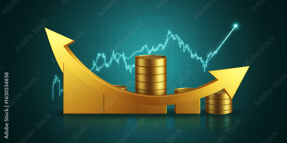 Aufkleber golden arrow pointing upwards with coins and a financial graph on a teal background stock image