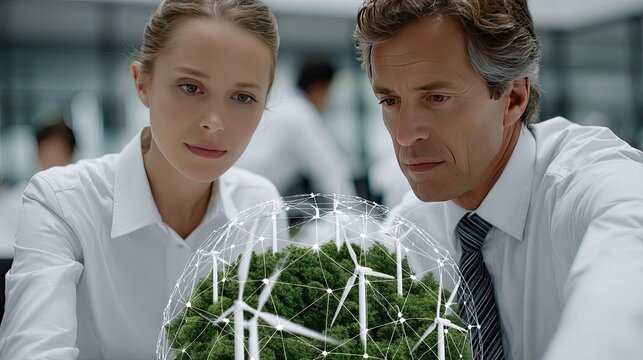 Two young engineers study a holographic globe showing global energy links, with an emphasis on sustainability and eco-tech