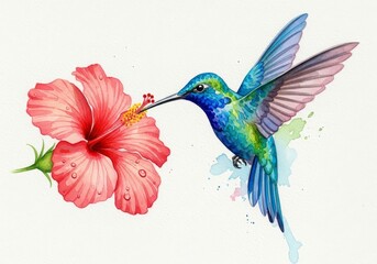 Obraz premium Hummingbird and Hibiscus Flower - Vibrant watercolor painting of a hummingbird feeding from a pink hibiscus flower with water droplets