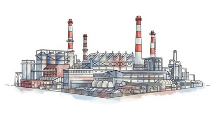 Obraz premium Industrial Complex Illustration - A detailed illustration of a large industrial factory complex, symbolizing manufacturing, production, industry, technology, and progress