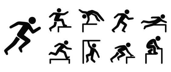 Stickman silhouette collection showing parkour and free running stunts including vaults, jumps, flips, and agile urban movement actions