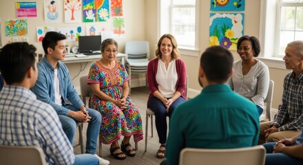 Diverse community support group talking together in a circle