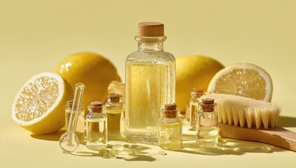 Lemon-infused skincare products on a pale yellow background